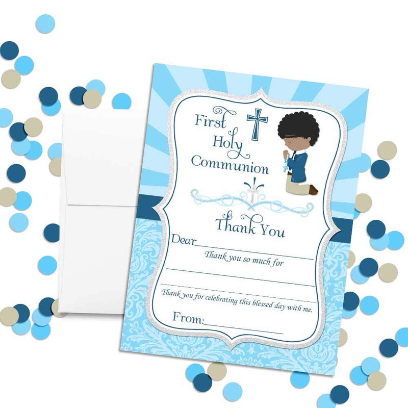 Amanda Creation First Holy Communion Religious Thank You Notes for Boys (Darker Skin, Black Hair), Ten 4" x 5.5" Fill In The Blank Cards with 10 White Envelopes by AmandaCreation - Image 2